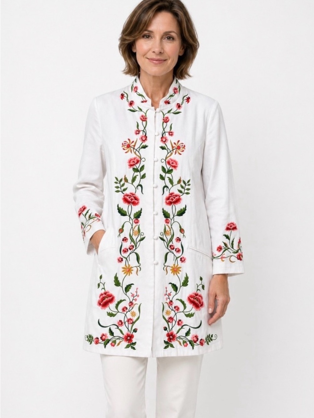 Victor Costa Cream Embroidered Floral Blazer